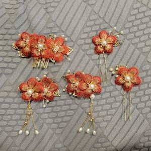 Red pearl embroided floral dangle Chinese wedding hair pin clips